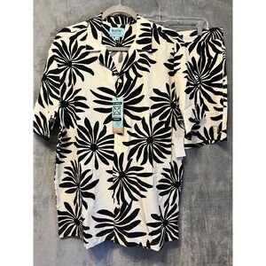 Malibu Beach Club 2pc Set L Black White Floral Shirt Swim Trunks Stretch NWT